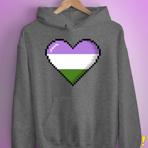 Genderqueer Pride 8-Bit Pixel Heart Hoodie - Grey Heather